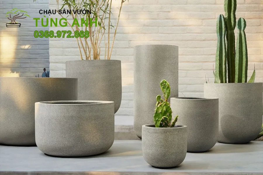 Chậu xi măng đá mài ngoài trời – bền trước nắng mưa